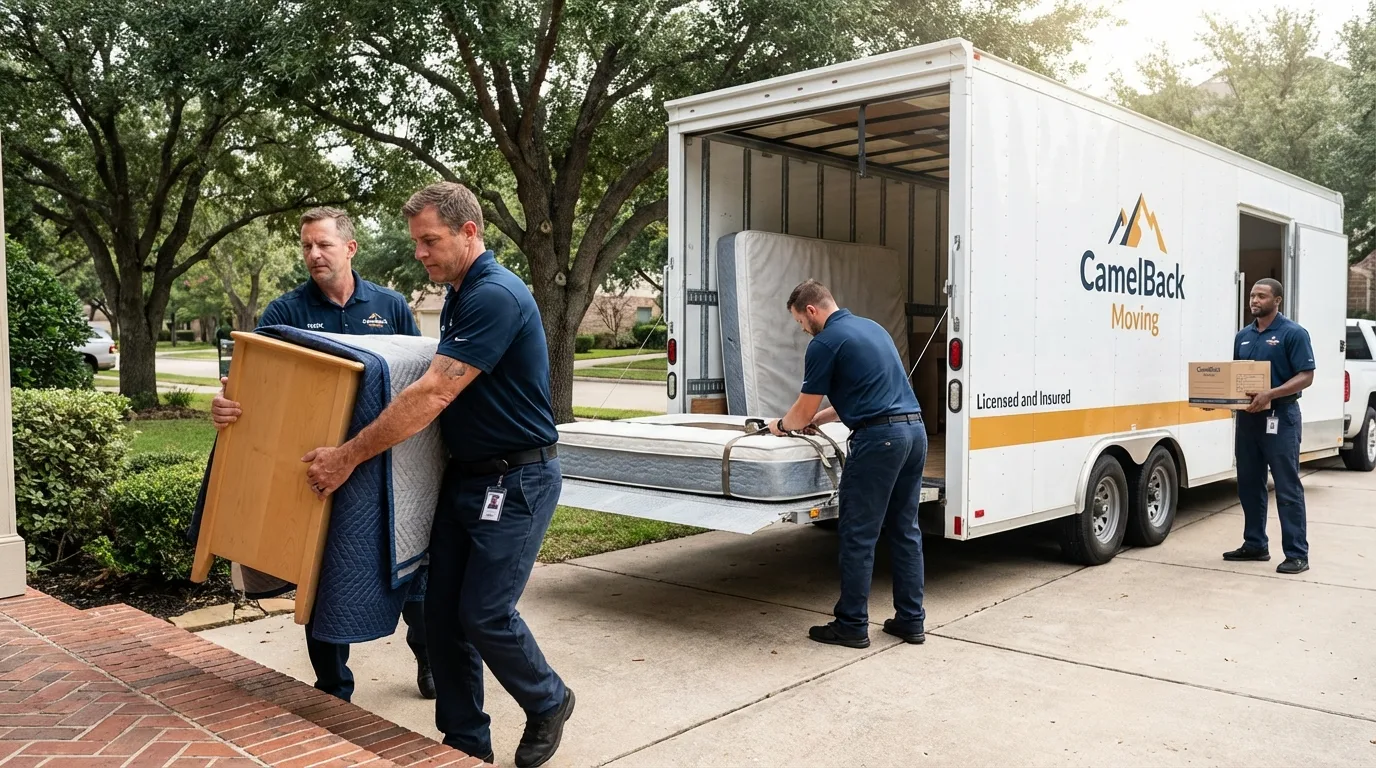 Crew loading residential truck for cross-state move from East Setauket, NY