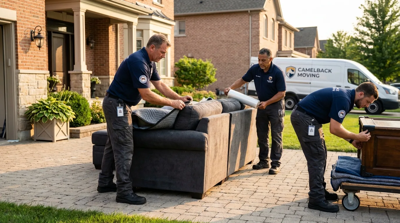 Large estate moving crew wrapping furniture in East Setauket, NY