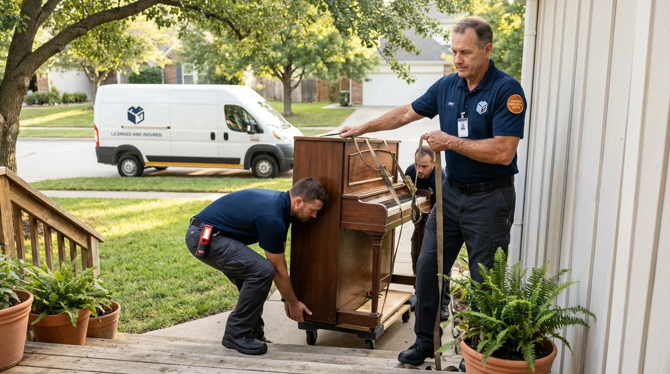 Licensed piano movers securing grand piano in East Setauket, NY