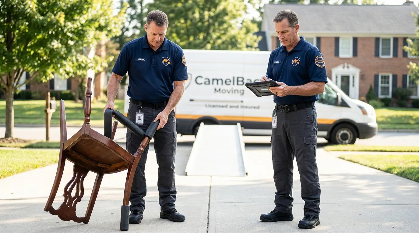 Movers inspecting furniture for damage prevention before loading in East Setauket, NY