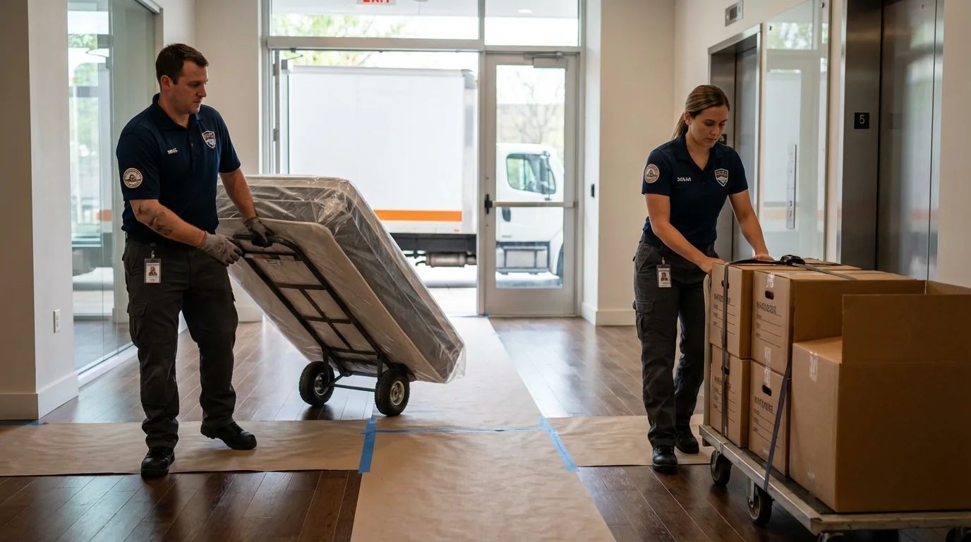 Professional apartment movers loading elevator in East Setauket, NY