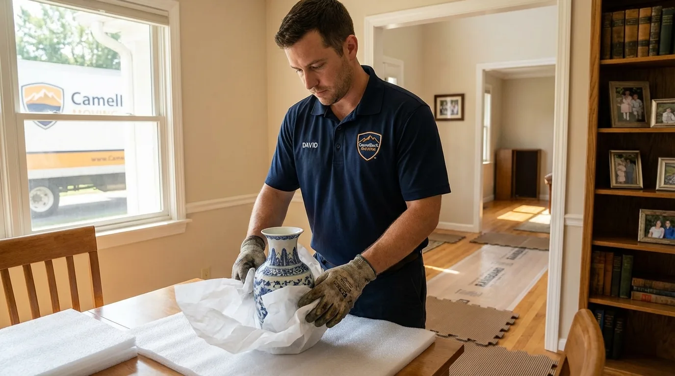 Professional crew carefully wrapping antique vase for senior downsizing move in East Setauket, NY